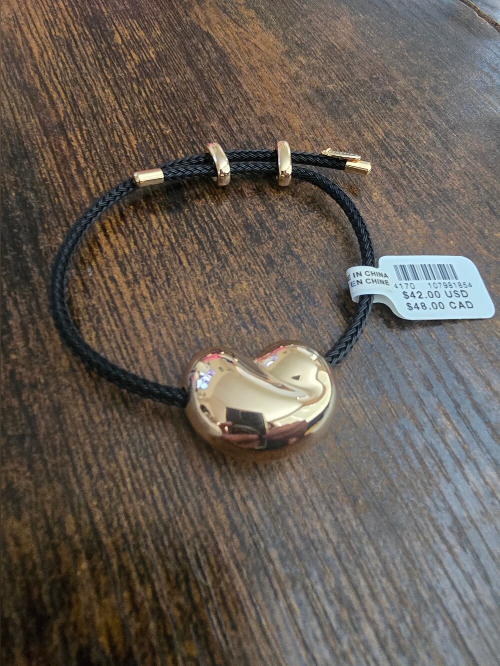 NWT! Anthropologie, Bean Pendant Cord Bracelet, Black/Gold, MSRP $42 - Picture 3 of 5
